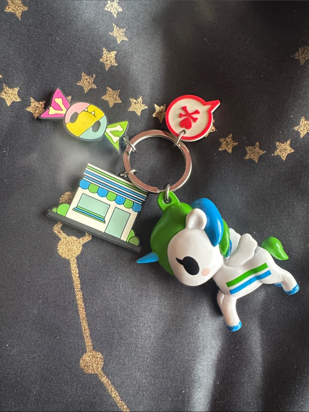tokidoki Green Blue White Unicorn Keychain with Candy & Shop Charms